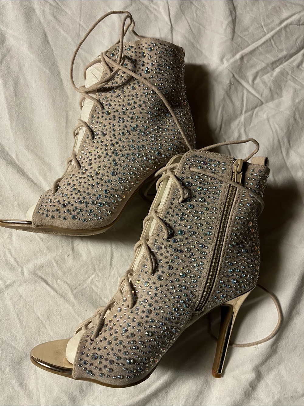 Anne Michelle Royals Size 6 Sequence Stiletto lace up Booties Peep Toe Shoes